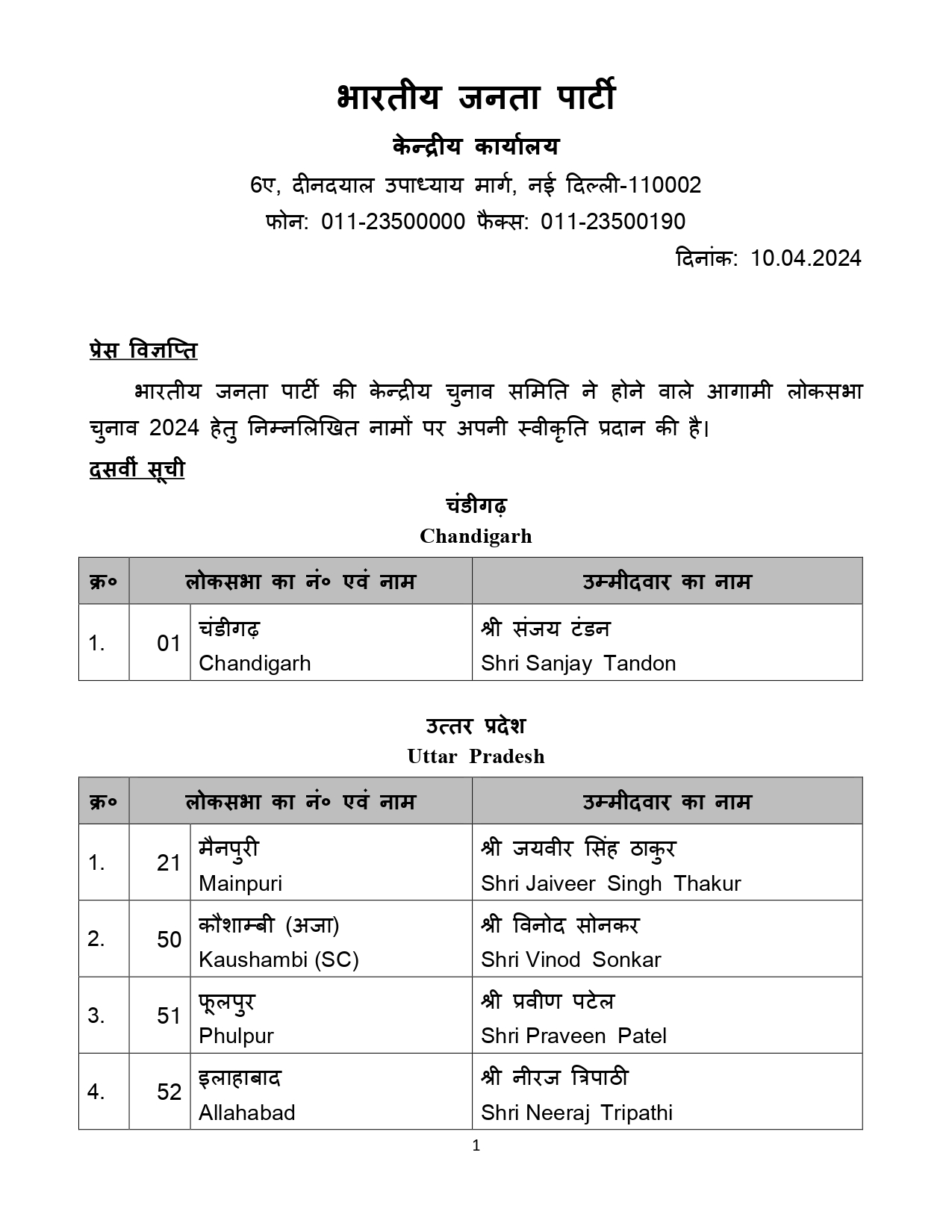 PRESS RELEASE 10th list of BJP candidate for GE to the Lok Sabha 2024 on 10.04.2024 1 page 0001