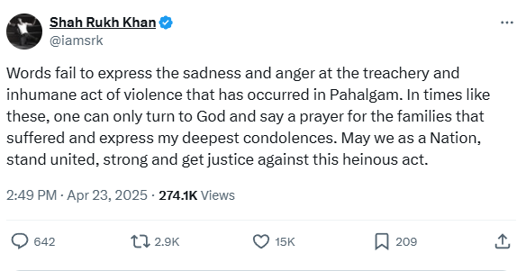 पहलगाम अटैक पर आया Shah Rukh Khan का ट्वीट, बोले- 'अमानवीय हिंसा से दुखी हूं, गुस्से को बयां करना मुश्किल है' shaharukh khan